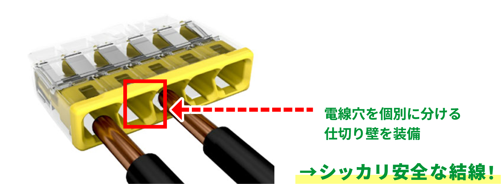 電線⽳を個別に分ける仕切り壁を装備  シッカリ安全な結線！